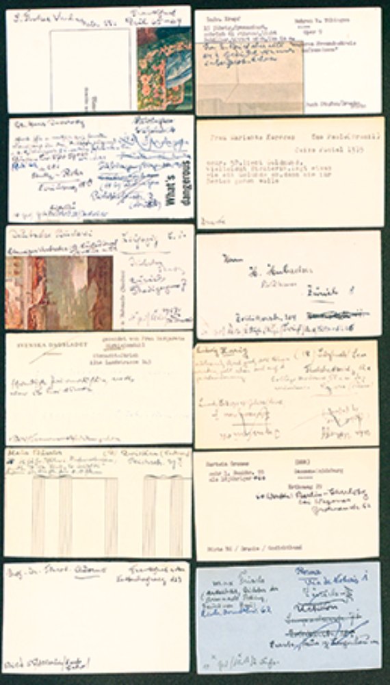 Zwölf handschriftliche und maschinenschriftliche Karteikarten von Hermann Hesse mit Adressen von Korrespondenzpartnern und Notizen.